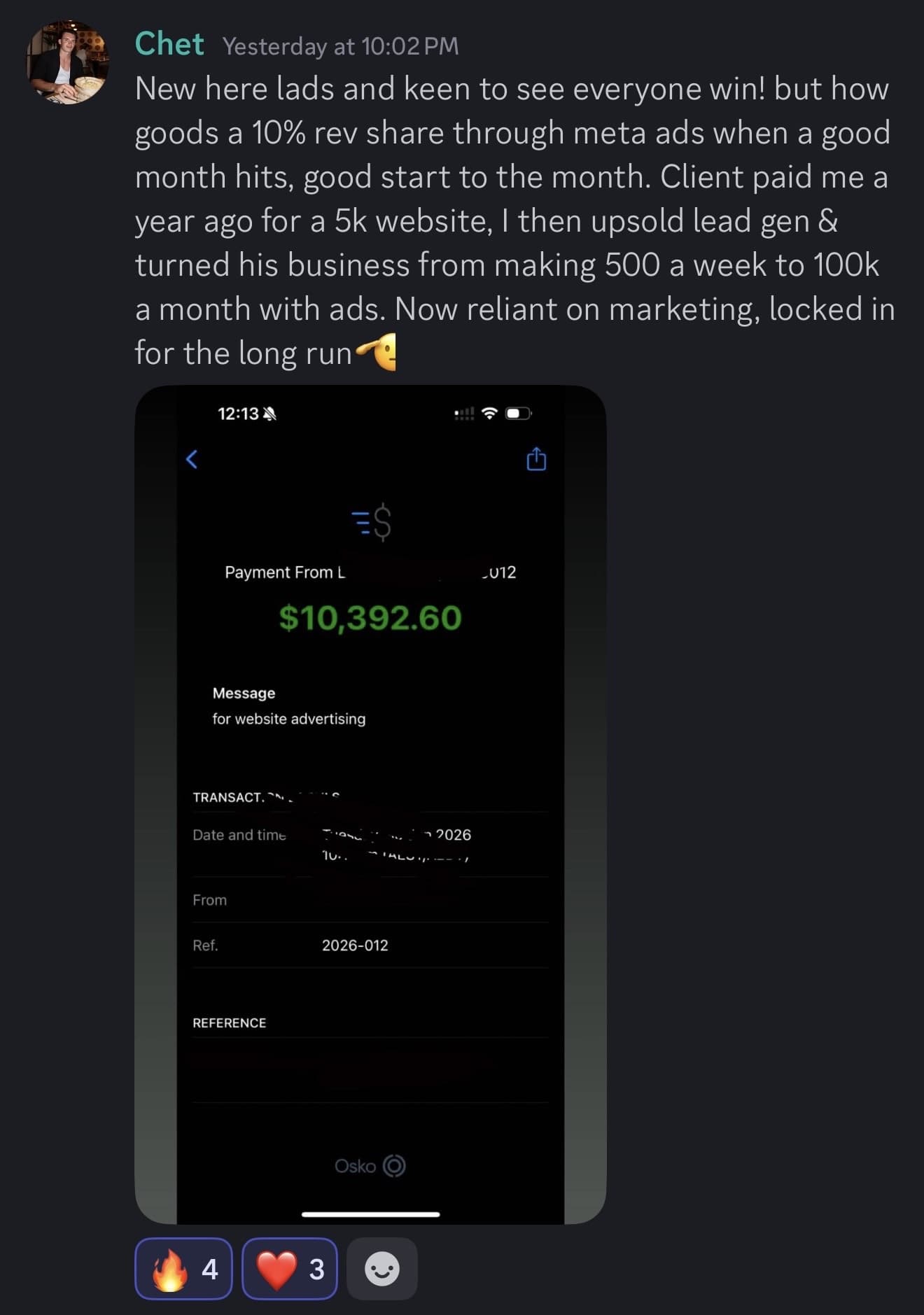 Chet receives a $10,392.60 payment on a 10% revenue share from Meta ads